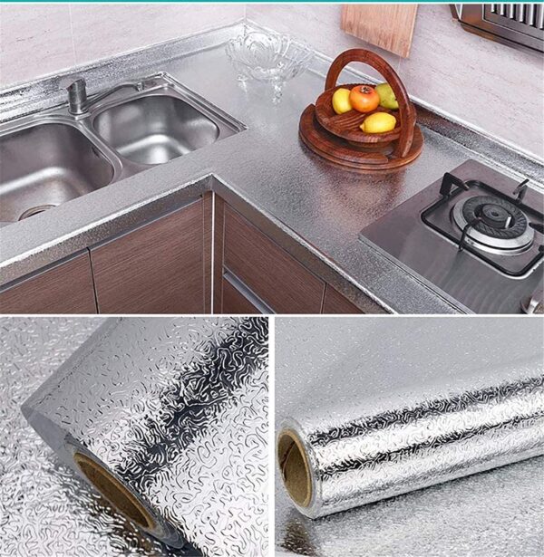 Silver Foil Kitchen Waterproof & Oil Proof Sticker | Aluminum Foil Self-Adhesive Sheet for Stove, Cabinets & Walls â€“ Heat Resistant Wallpaper (60Ã—200cm)