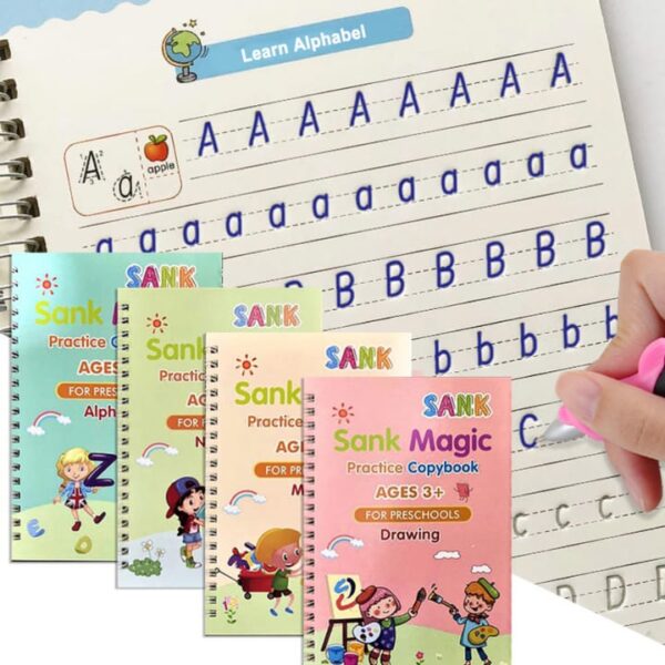 Sank Magic book Practice | Sank Magic Book for Montessori Children Tracing Handwriting First Pre-school Baby Learning Books for Kids (4 Books + Magic Pen with 10 Ink Refills)