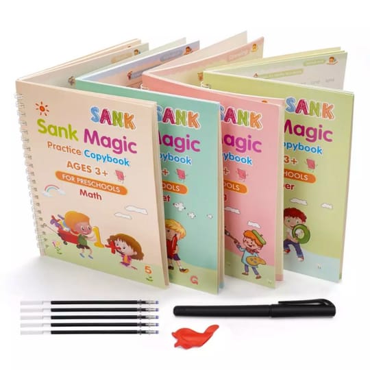 Sank Magic book Practice | Sank Magic Book for Montessori Children Tracing Handwriting First Pre-school Baby Learning Books for Kids (4 Books + Magic Pen with 10 Ink Refills)