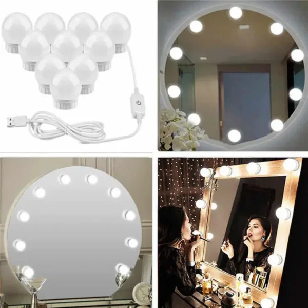 Vanity Mirror Fill 10Pc Light Bulb | Changeable Luminance 3 Colors LED USB String Dimmable Vanity Light