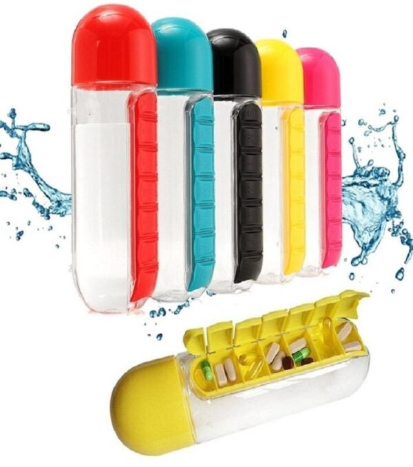 2-in-1 Medicine Organizer with Water Bottle â€“ 7 Days Pill Box, 600ml BPA-Free Drinking Bottle, Removable Cup, Compact Travel Pill Planner for Kids, Adults & Elderly
