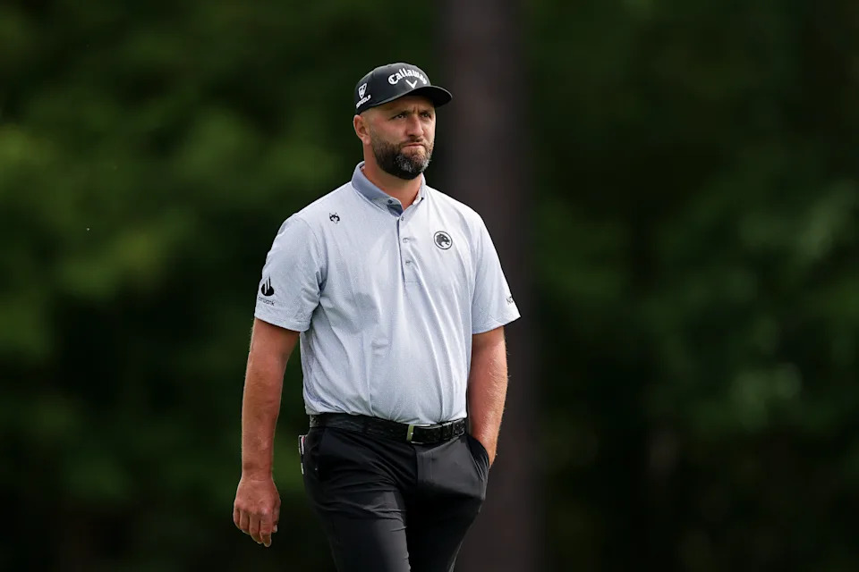 AUGUSTA, GEORGIA - APRIL 07: Jon Rahm of Spain looks on while playing the 11th hole during a practice round prior to the 2026 Masters Tournament at Augusta National Golf Club on April 07, 2026 in Augusta, Georgia. (Photo by Andrew Redington/Getty Images)
